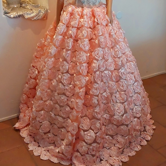 Sample Gown Only "BLOOM" Blush Ivory & Mint 3D Rosette Wedding Gown Set - Picture 3 of 14
